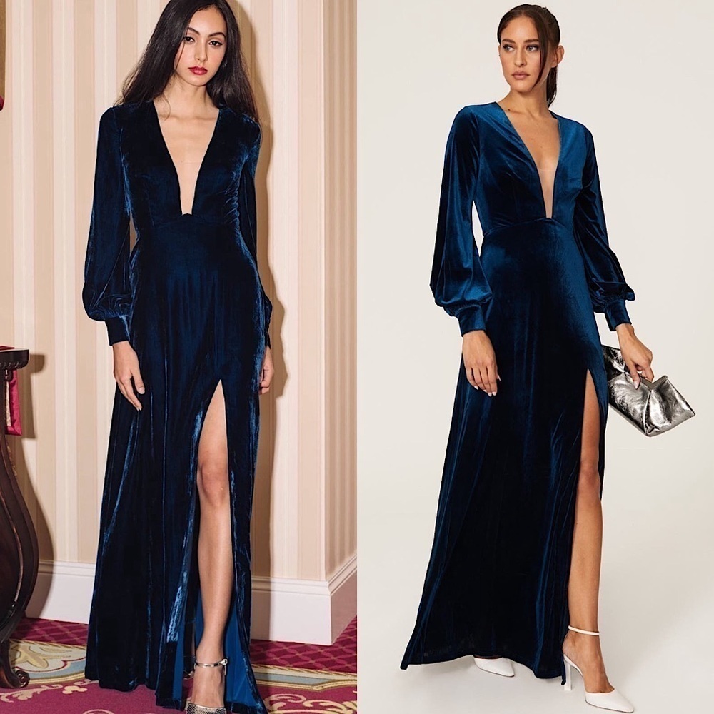 SAU LEE Blue Velvet Puff Long Sleeve Plunge V-Neck Side Slit Regina Maxi Gown 14